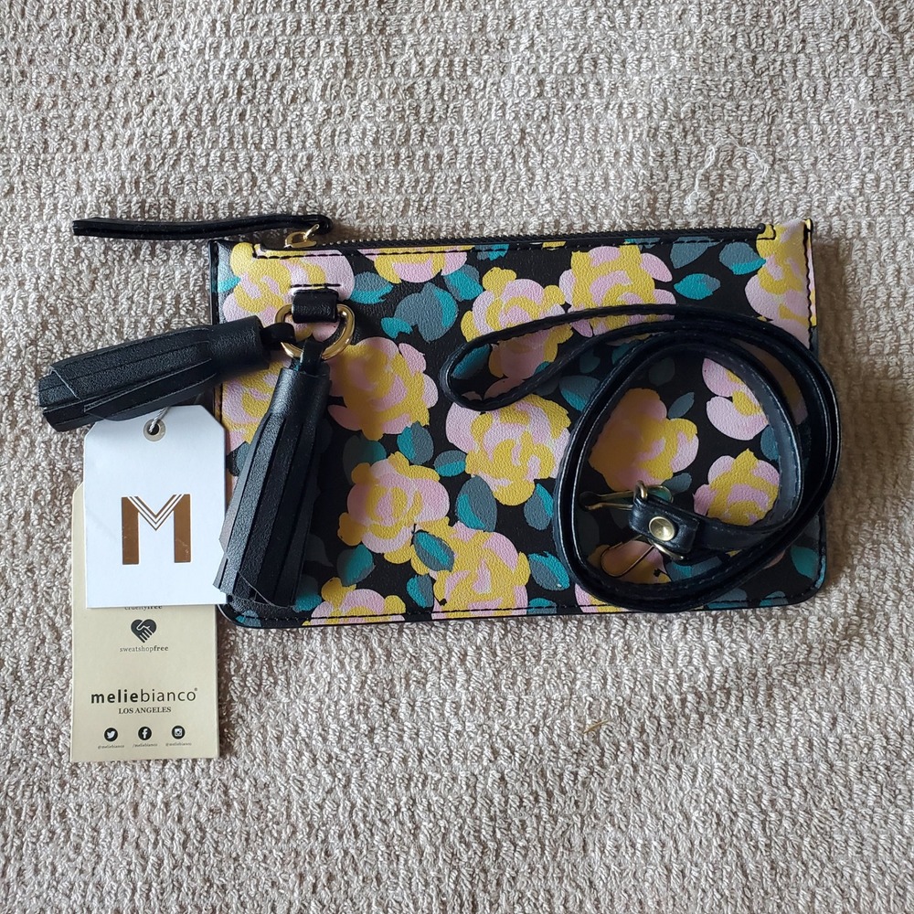 Melie Bianco Floral Vegan Leather Crossbody Bag Black Yellow Pink Tassel NEW